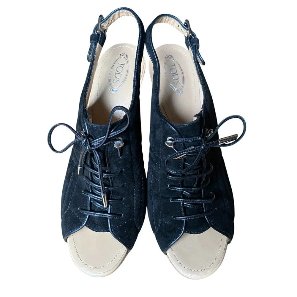 Tod’s Lace Up Peep Toe Slingback Lug Sole Heels Quilted Suede Leather - Size 40